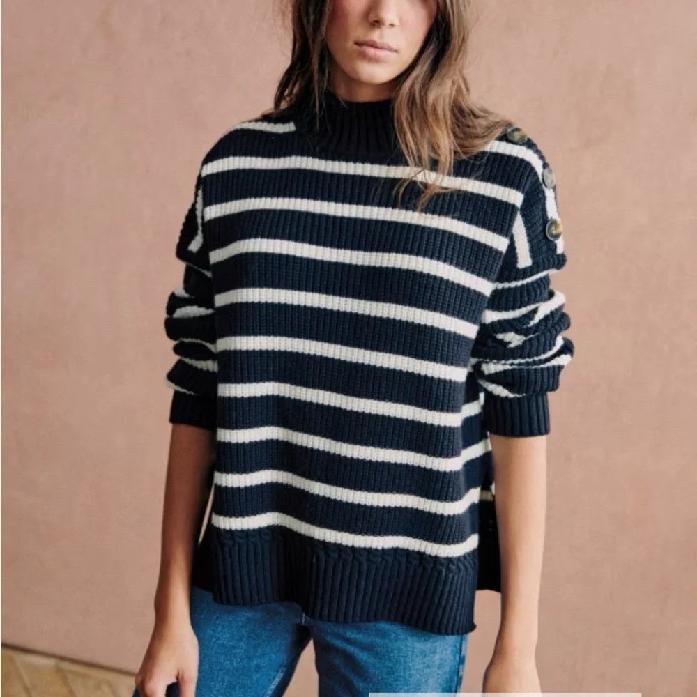 SEZANE Adrian Navy Striped Wool Cotton Button Shoulder Sweater Navy White XS